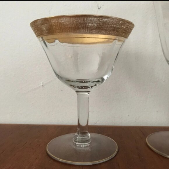 Vintage 5 Glastonbury Rose Lotus Fluted Gold Encrusted Sherbert Wine Glasses Set - Picture 9 of 10